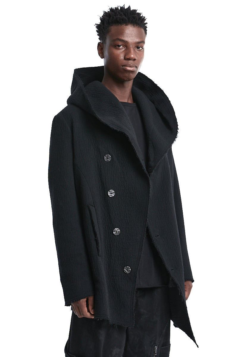 BLACK WOOL HOODED COAT