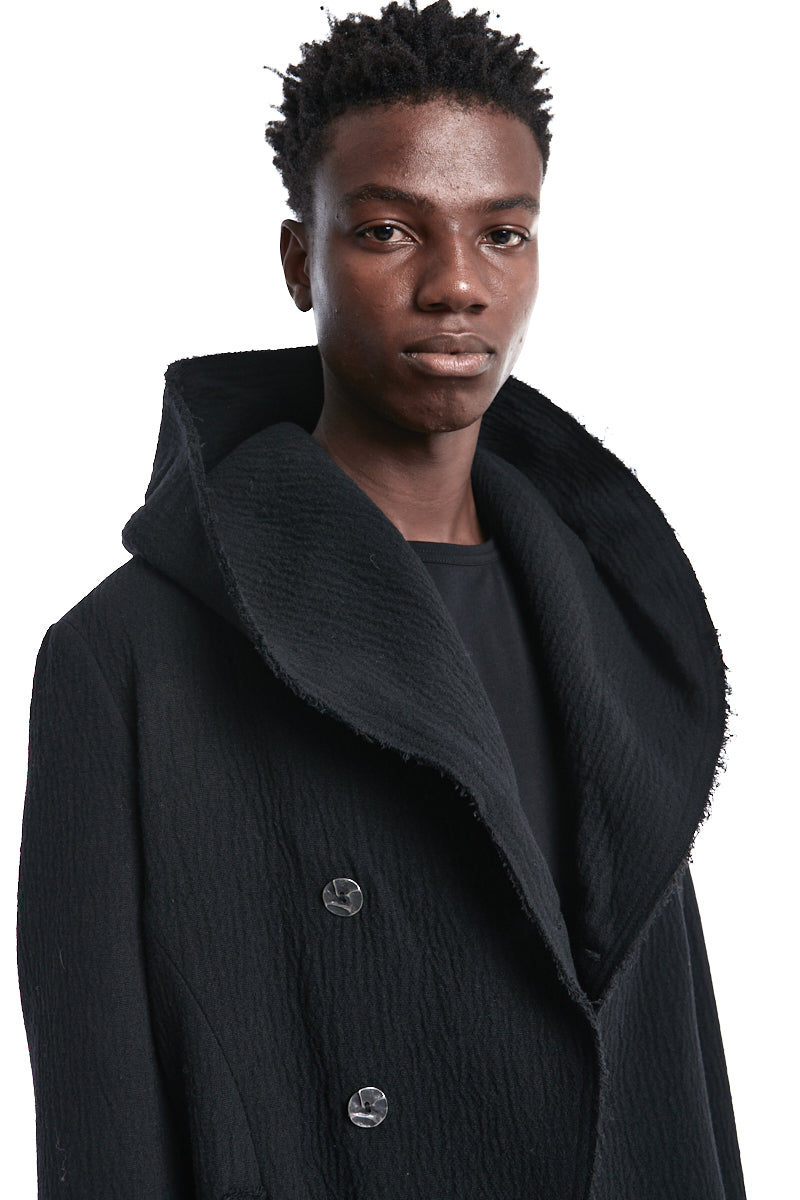 BLACK WOOL HOODED COAT