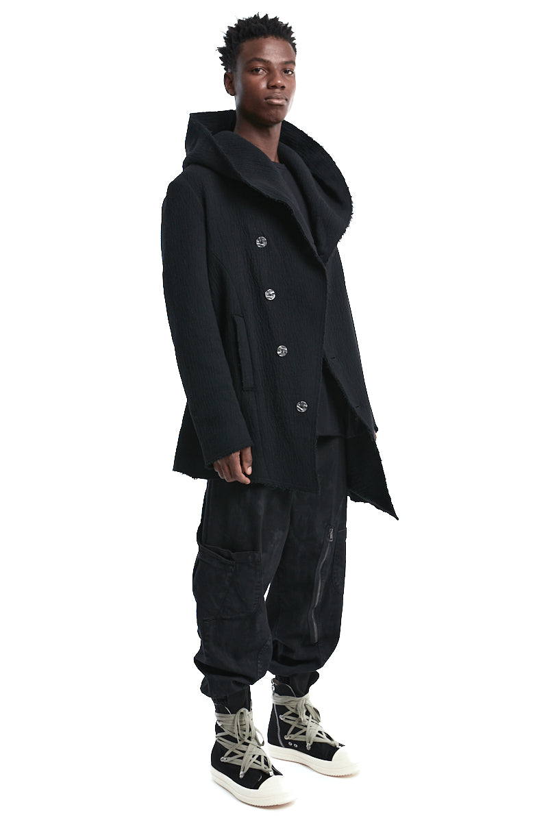 BLACK WOOL HOODED COAT