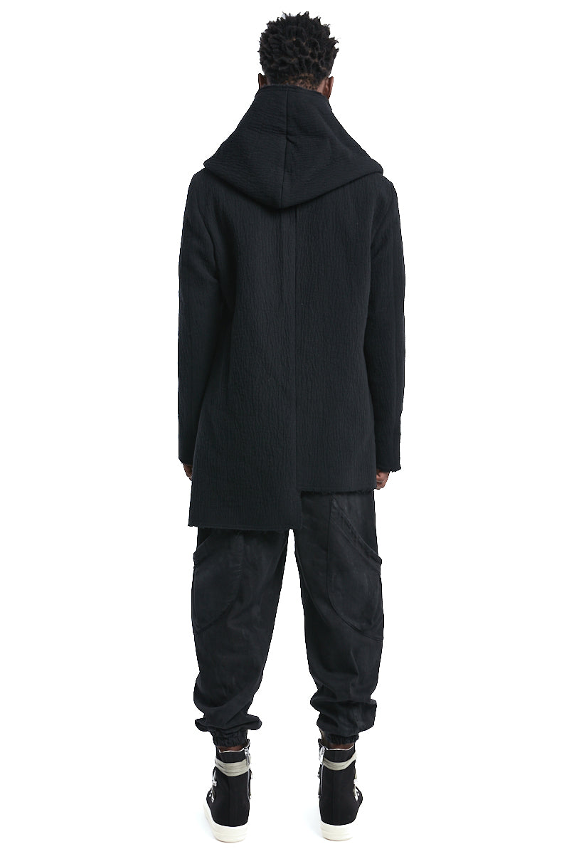 BLACK WOOL HOODED COAT