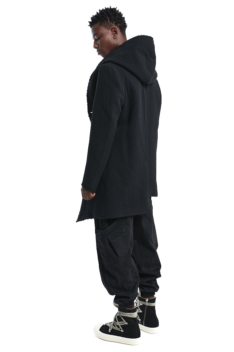 BLACK WOOL HOODED COAT