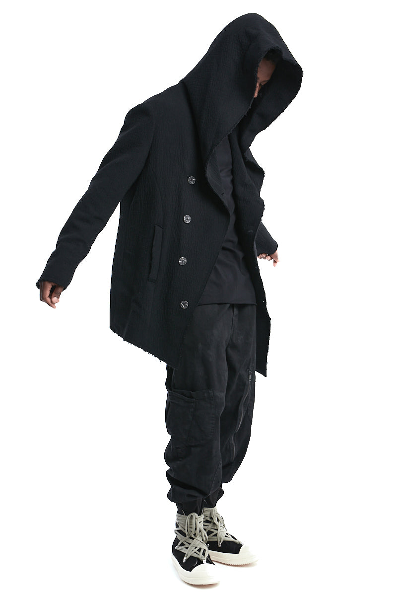 BLACK WOOL HOODED COAT