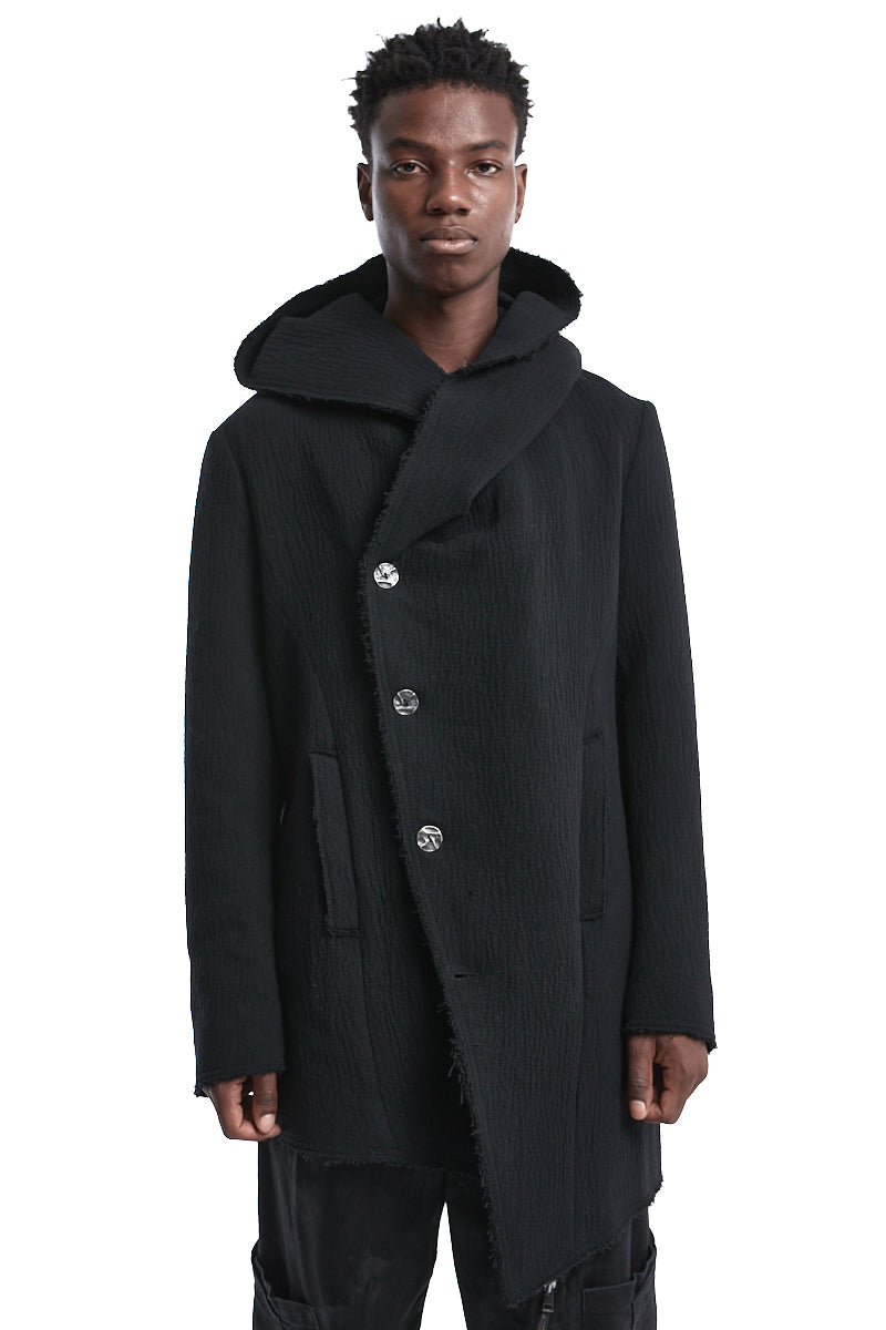 BLACK WOOL HOODED COAT