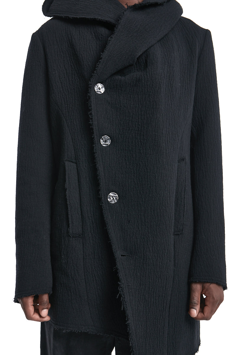 BLACK WOOL HOODED COAT