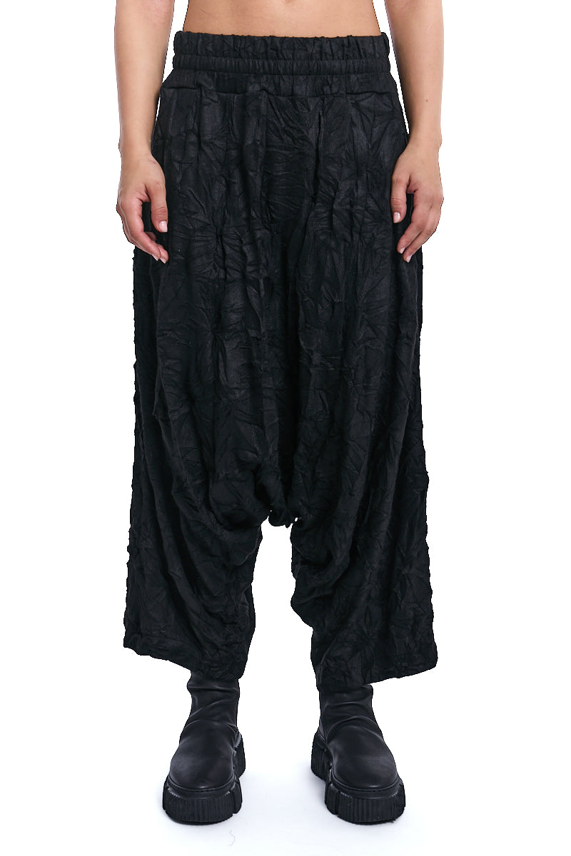 BLACK OVERSIZE LOW-CROTCH WRINKLED JERSEY TROUSERS