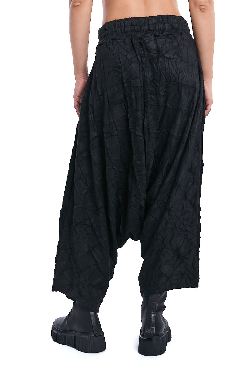 BLACK OVERSIZE LOW-CROTCH WRINKLED JERSEY TROUSERS
