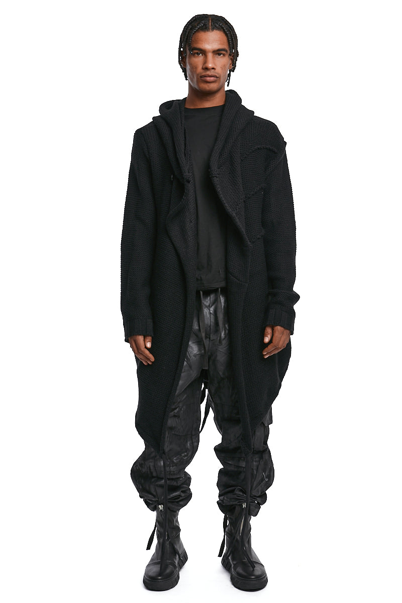 BLACK ASYMMETRIC HOODED KNIT COAT
