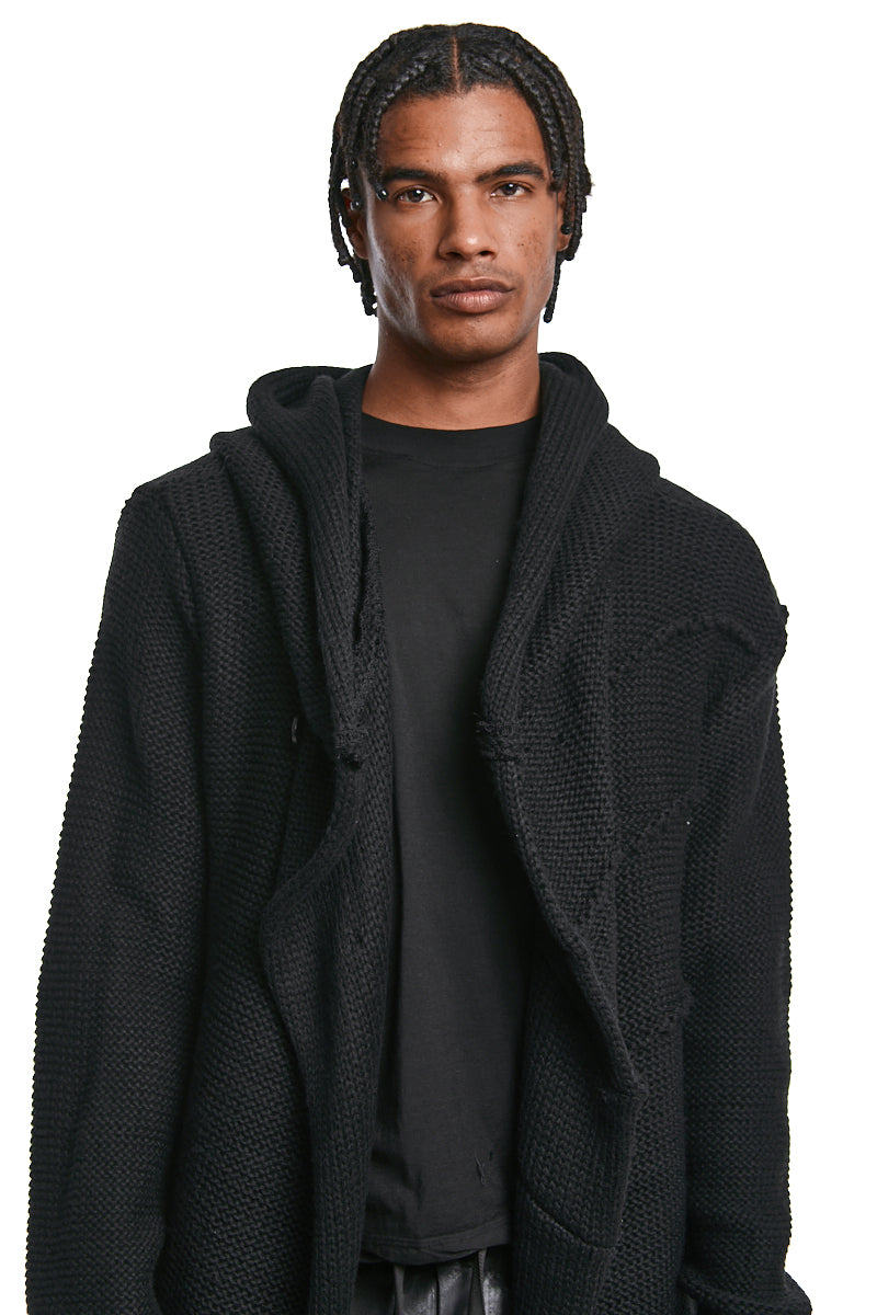 BLACK ASYMMETRIC HOODED KNIT COAT