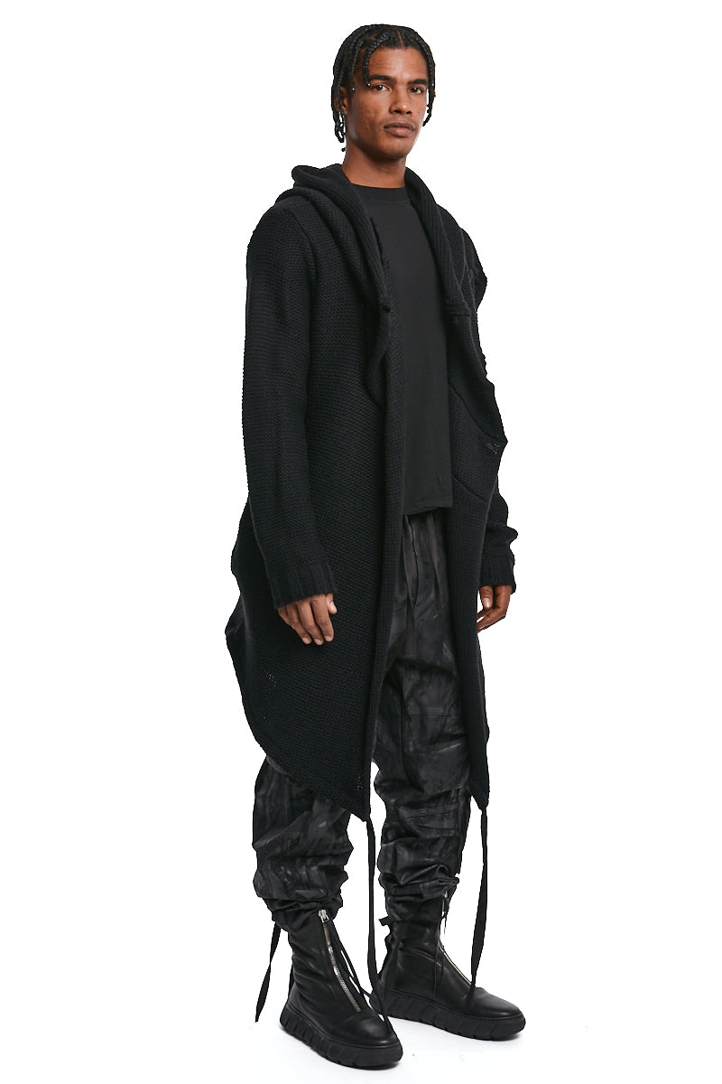 BLACK ASYMMETRIC HOODED KNIT COAT