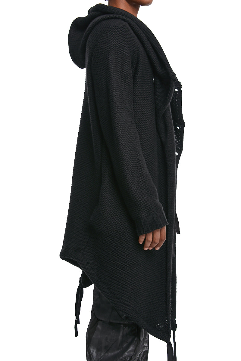 BLACK ASYMMETRIC HOODED KNIT COAT