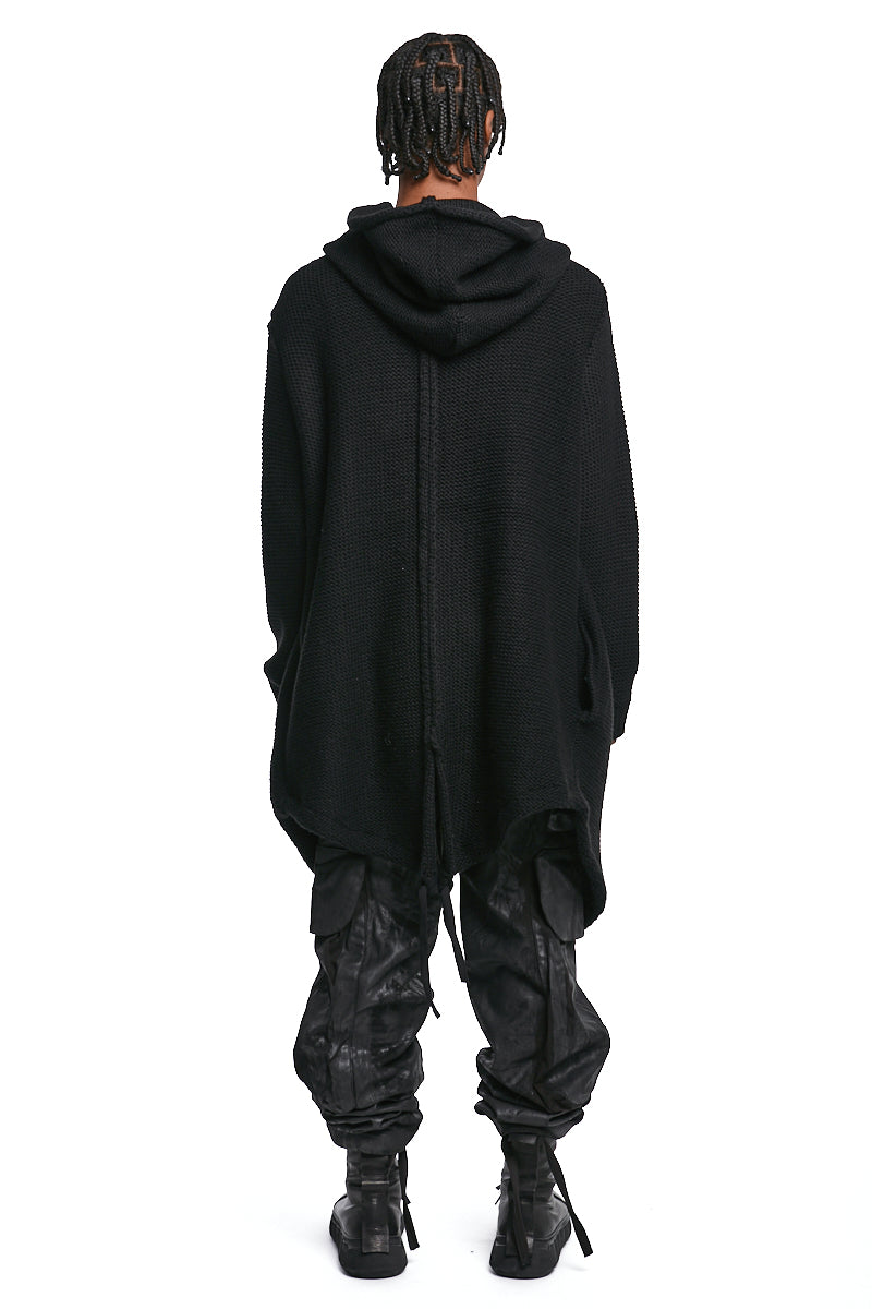 BLACK ASYMMETRIC HOODED KNIT COAT