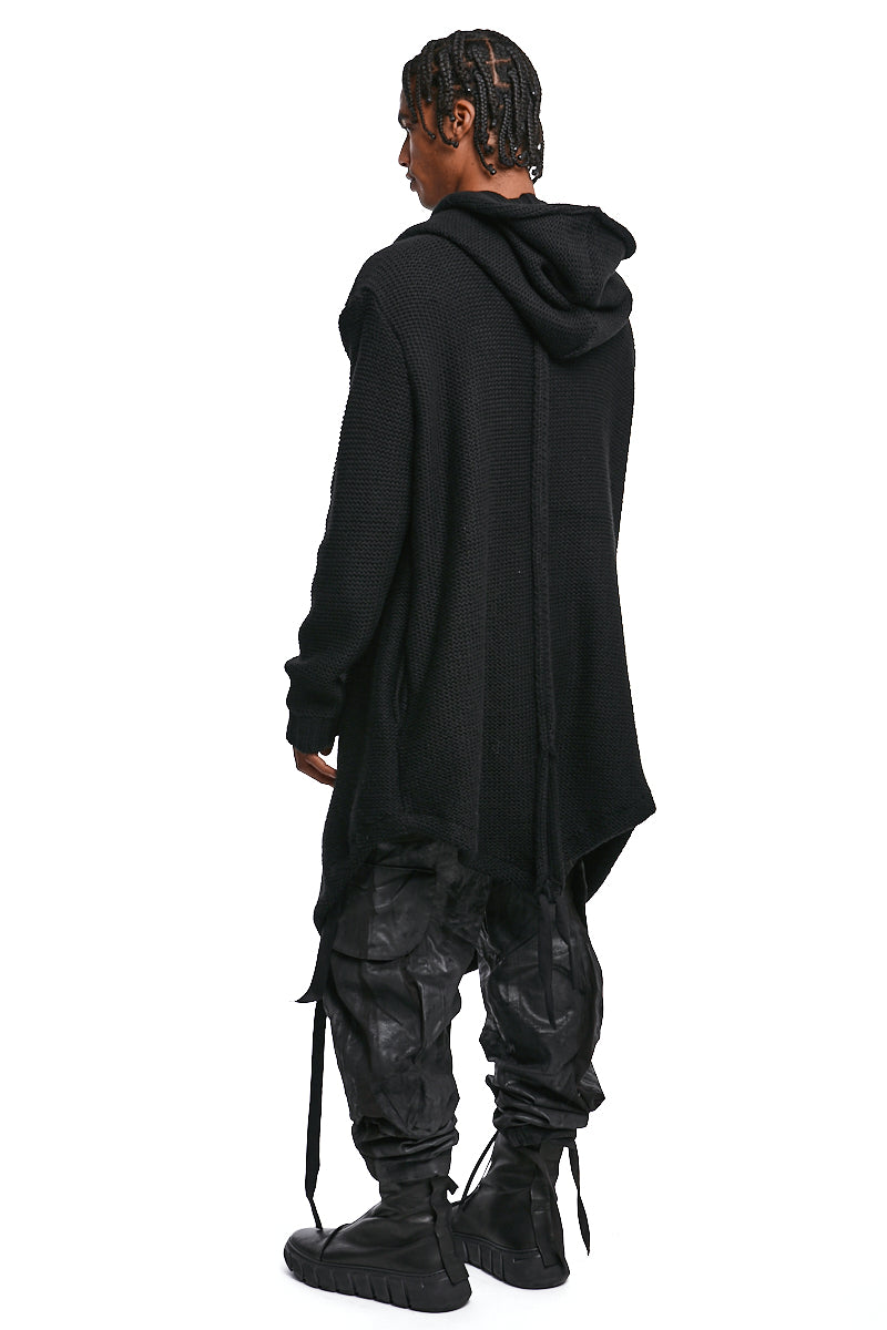 BLACK ASYMMETRIC HOODED KNIT COAT