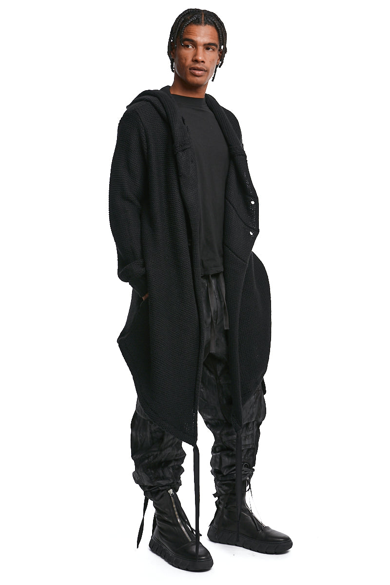 BLACK ASYMMETRIC HOODED KNIT COAT