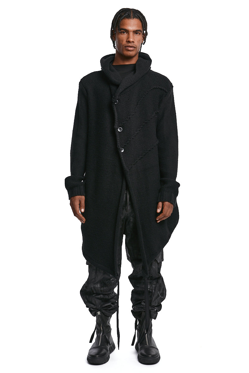 BLACK ASYMMETRIC HOODED KNIT COAT