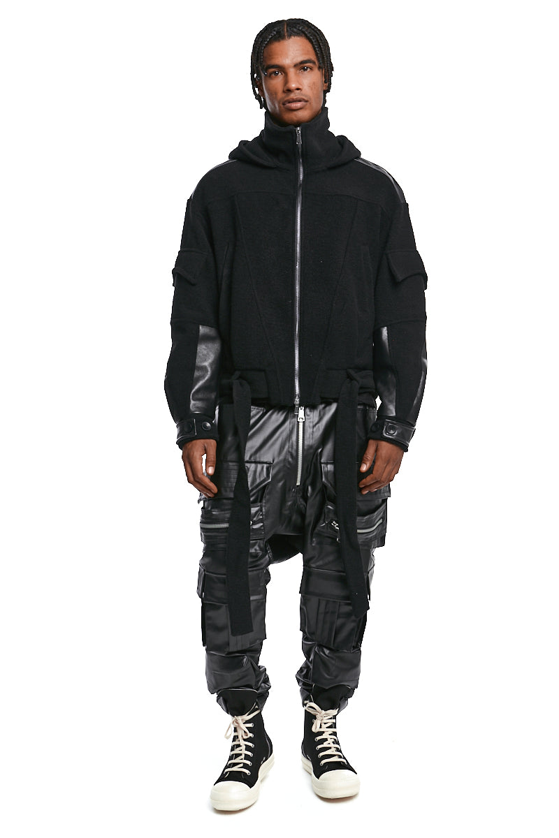 BLACK BOILED WOOL & LEATHER JACKET
