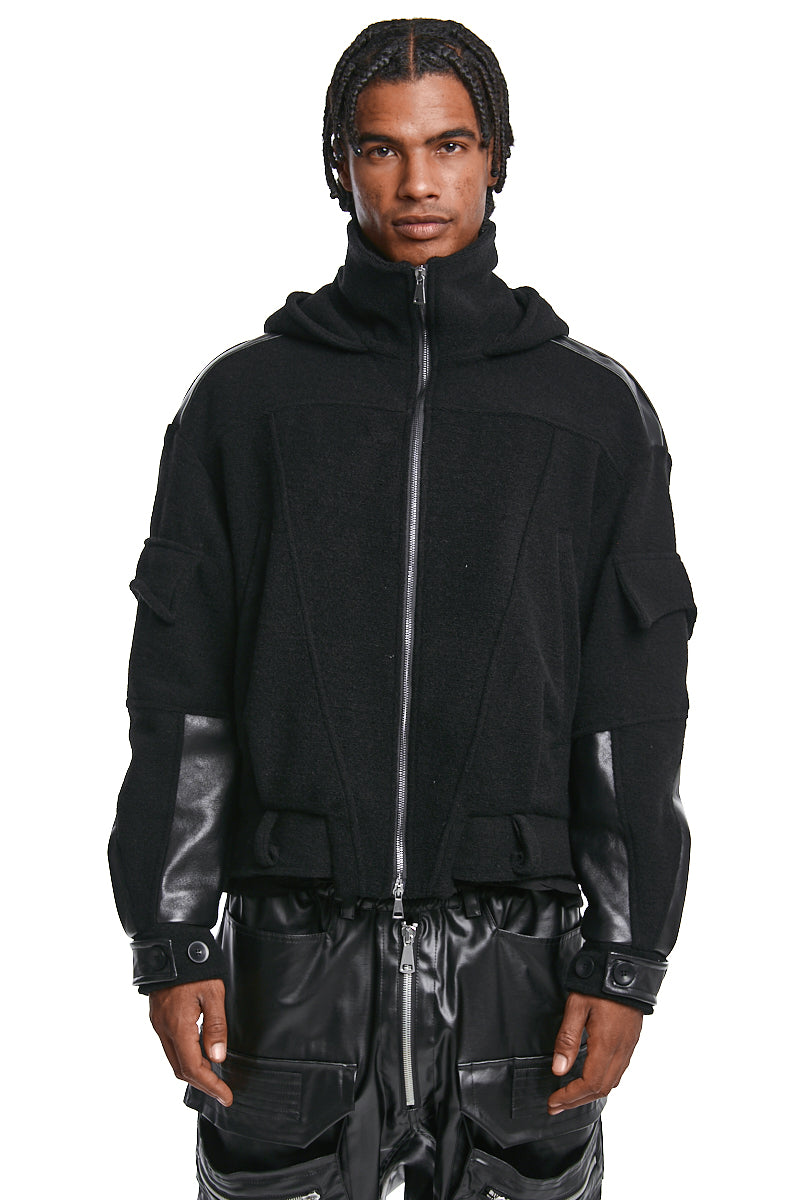 BLACK BOILED WOOL & LEATHER JACKET