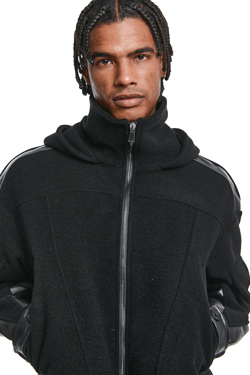BLACK BOILED WOOL & LEATHER JACKET