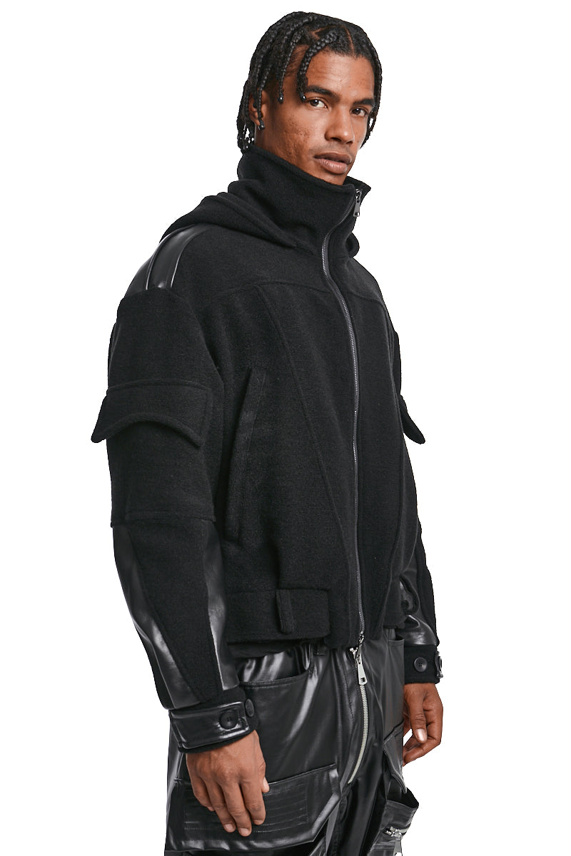 BLACK BOILED WOOL & LEATHER JACKET