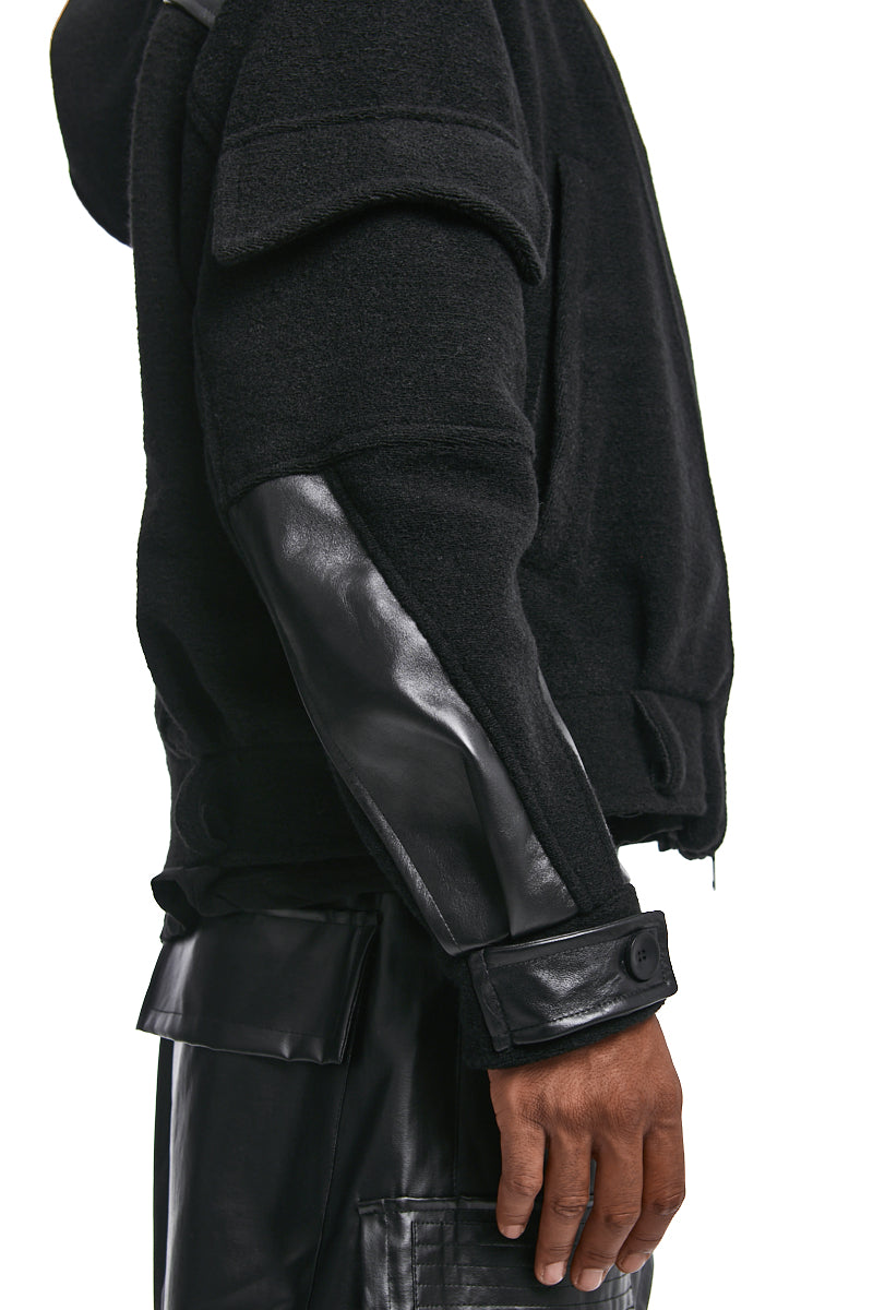 BLACK BOILED WOOL & LEATHER JACKET