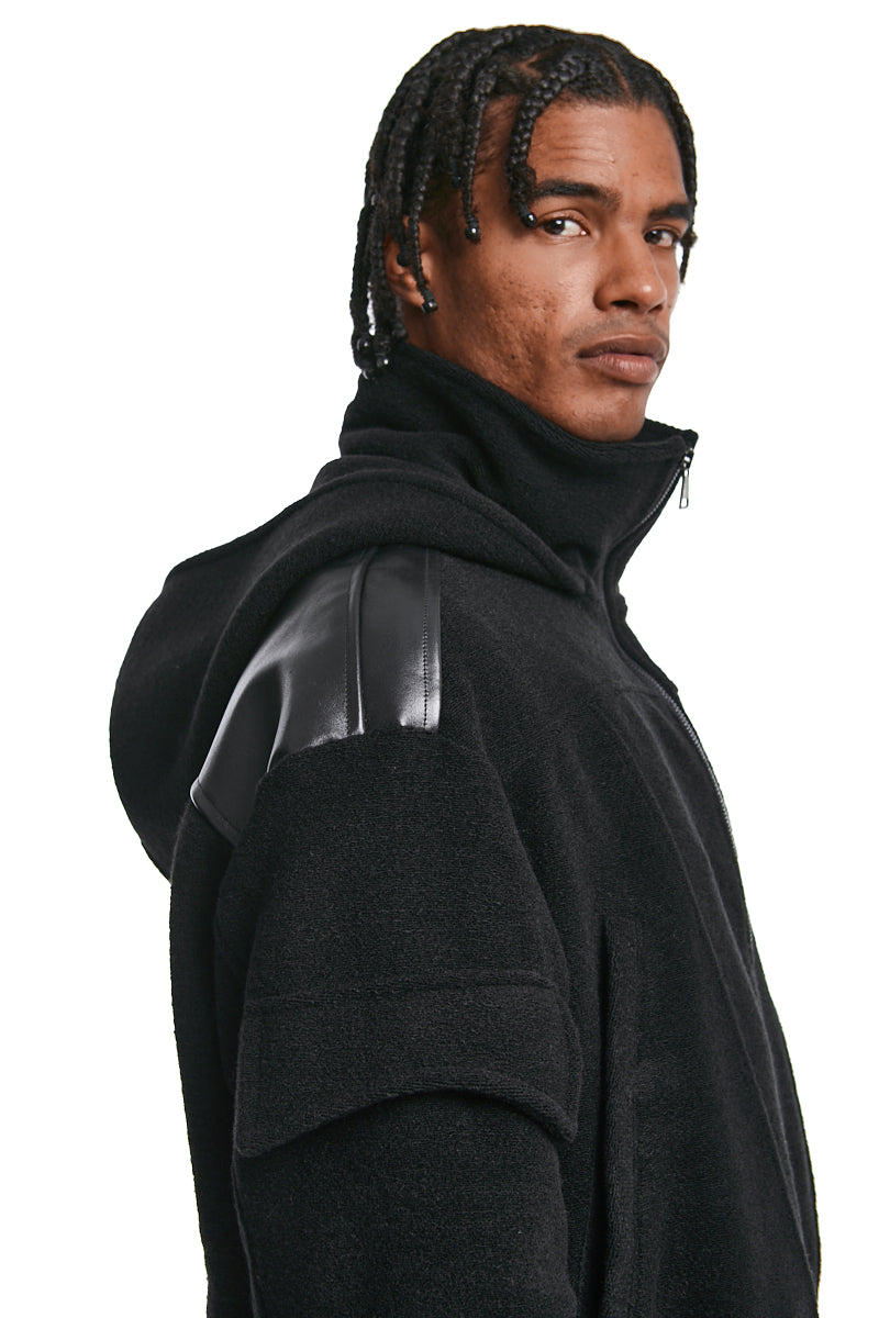 BLACK BOILED WOOL & LEATHER JACKET