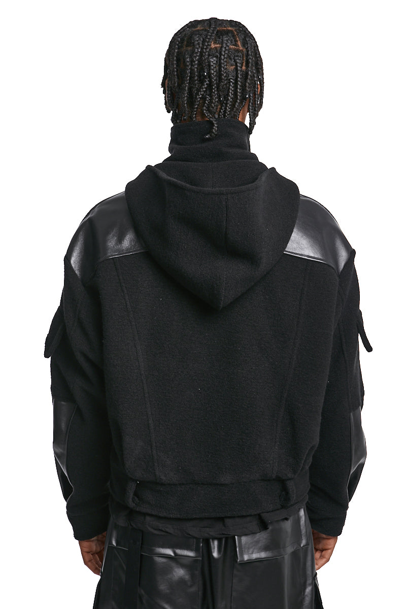 BLACK BOILED WOOL & LEATHER JACKET