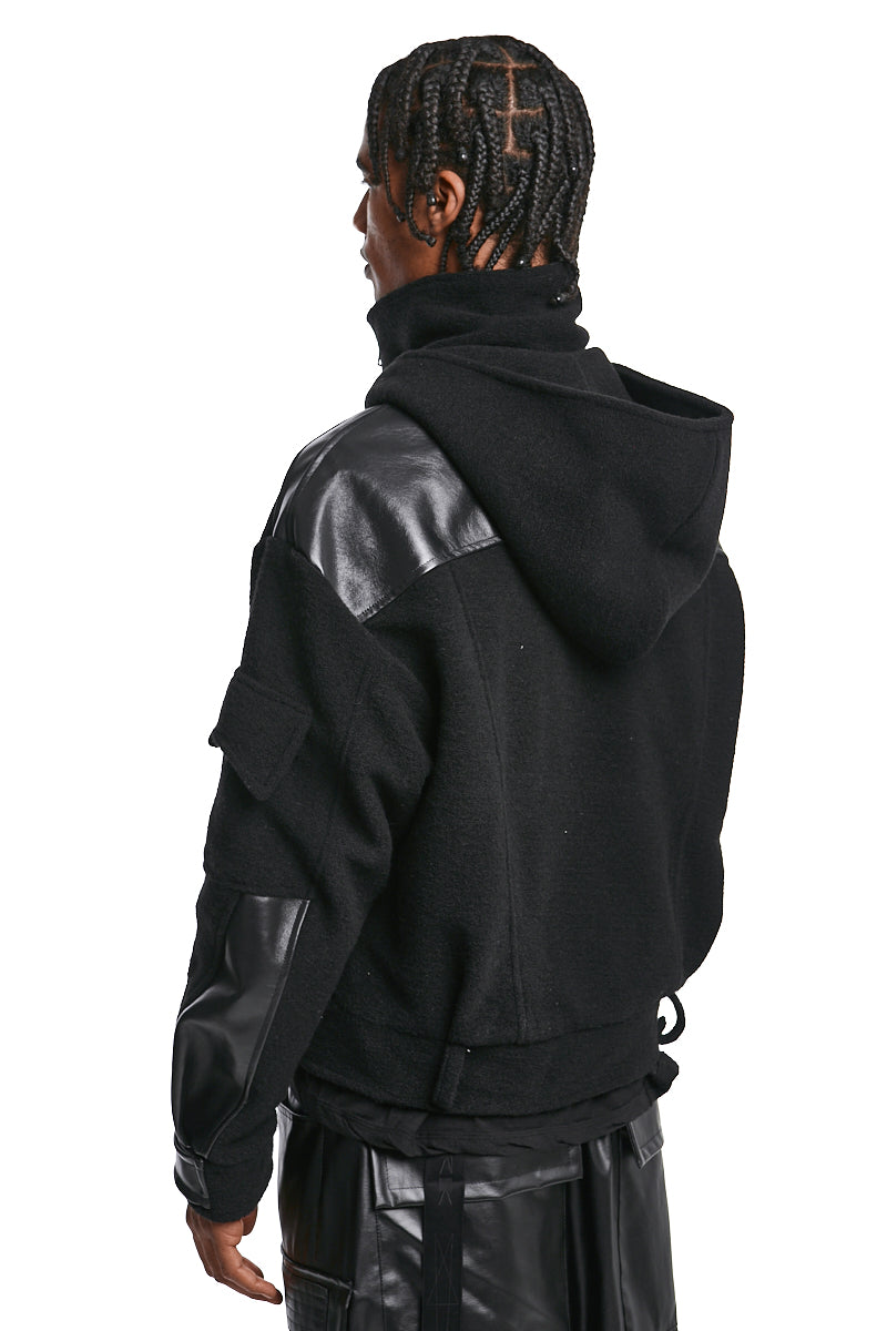 BLACK BOILED WOOL & LEATHER JACKET