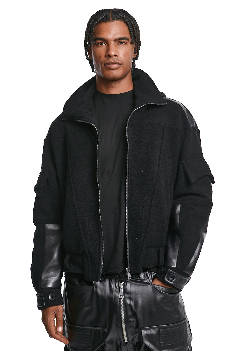 BLACK BOILED WOOL & LEATHER JACKET