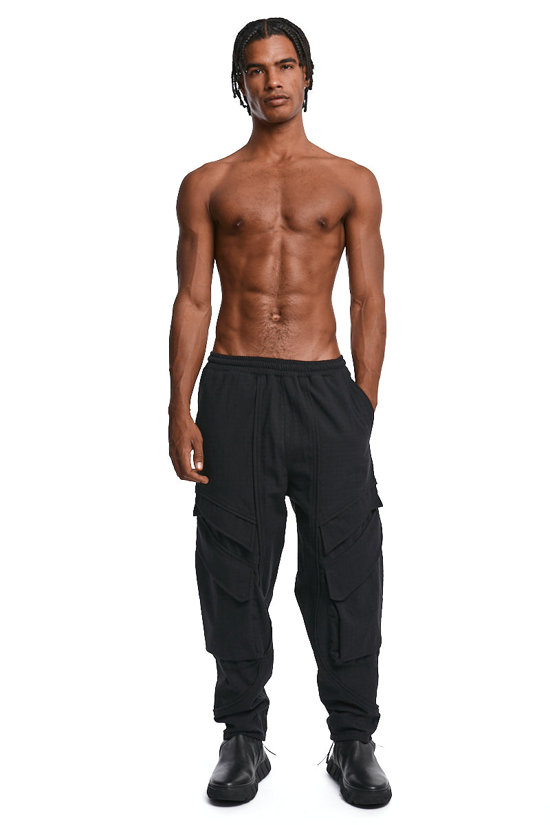 BLACK TEXTURED COTTON CARGO PANTS