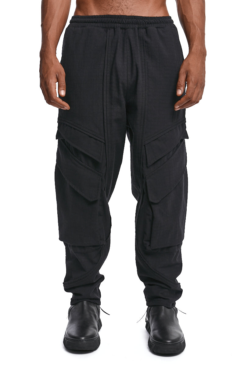 BLACK TEXTURED COTTON CARGO PANTS