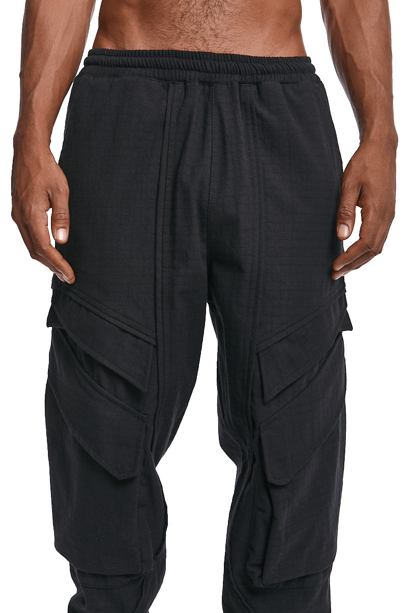 BLACK TEXTURED COTTON CARGO PANTS