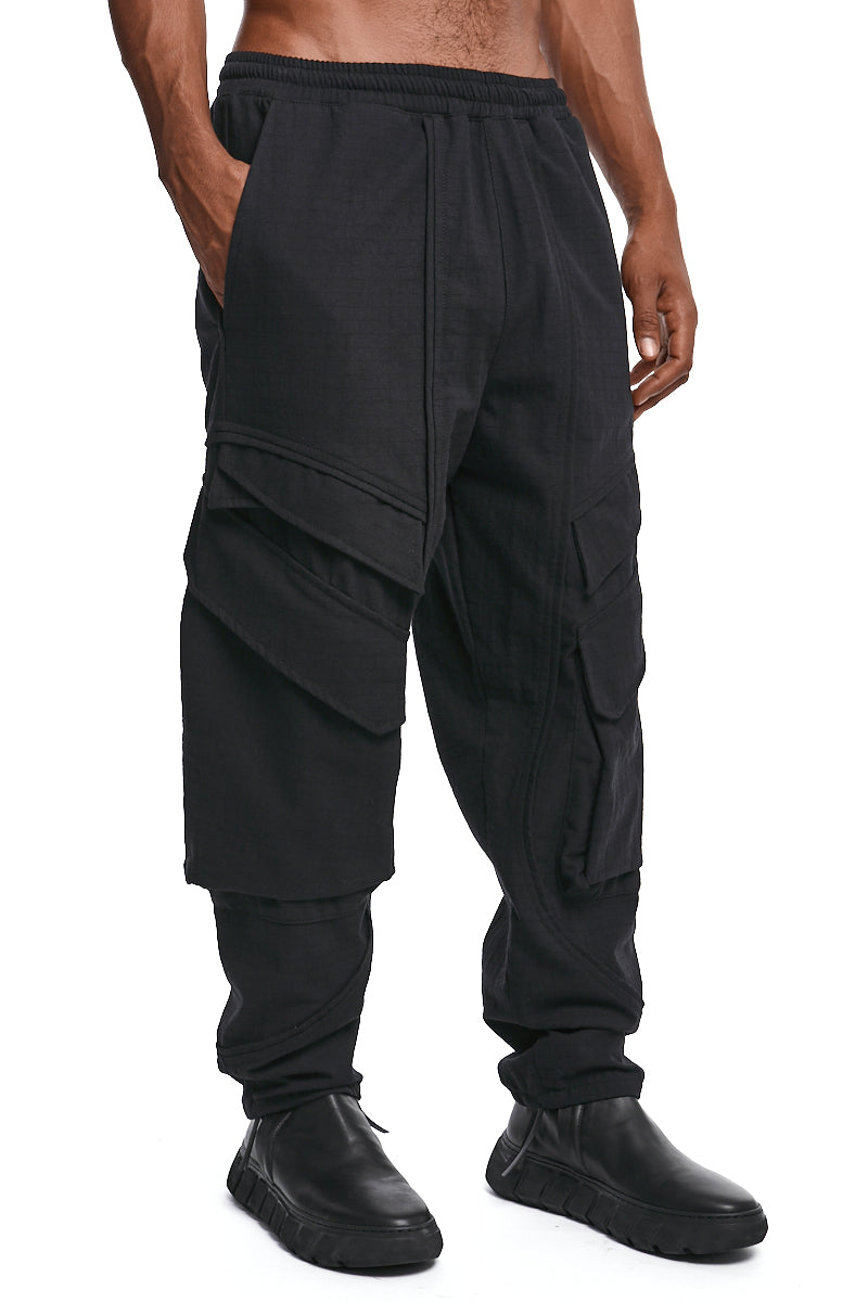 BLACK TEXTURED COTTON CARGO PANTS