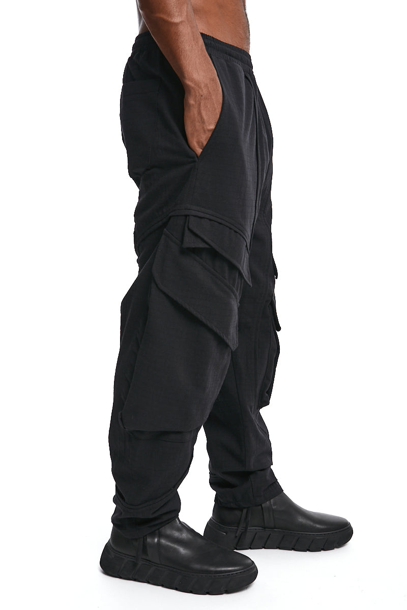BLACK TEXTURED COTTON CARGO PANTS