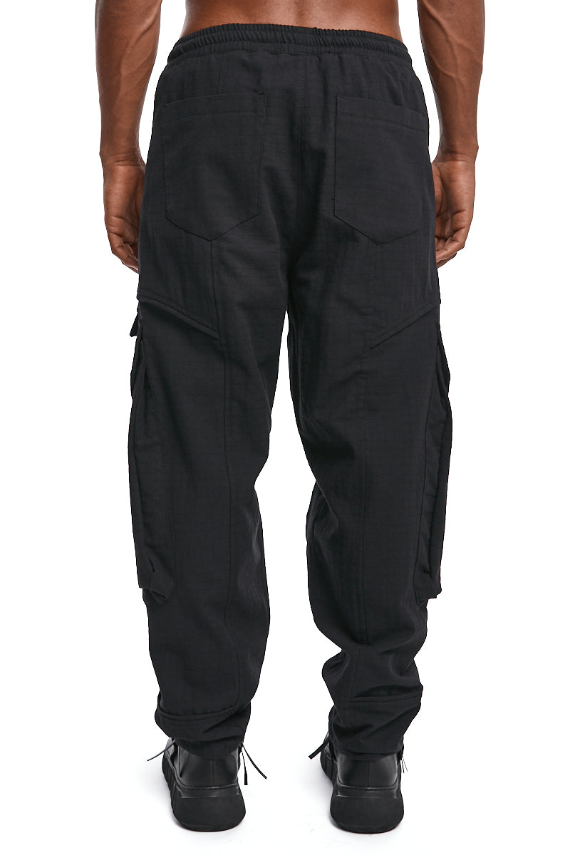 BLACK TEXTURED COTTON CARGO PANTS