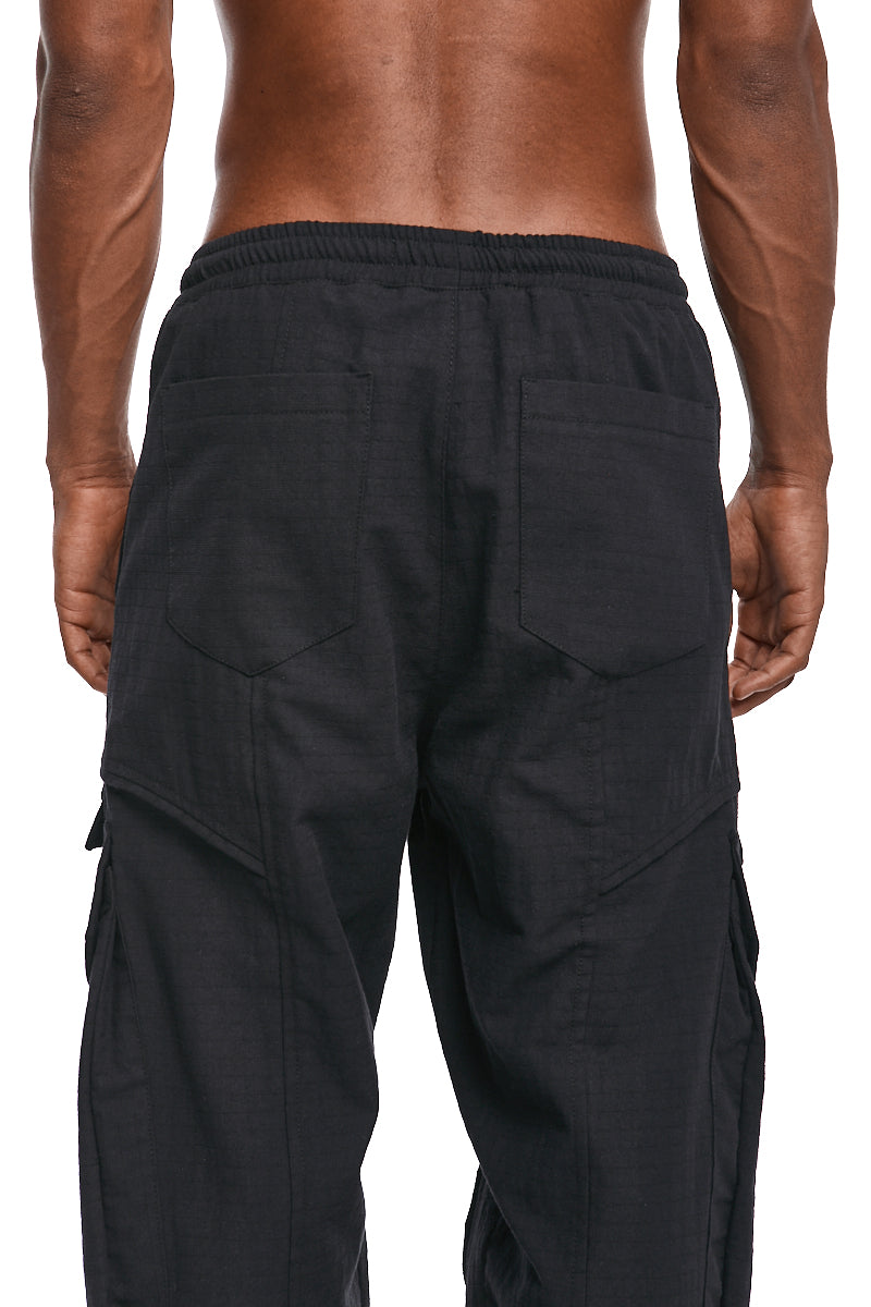BLACK TEXTURED COTTON CARGO PANTS