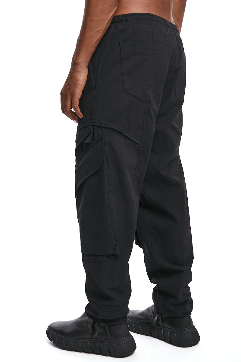 BLACK TEXTURED COTTON CARGO PANTS