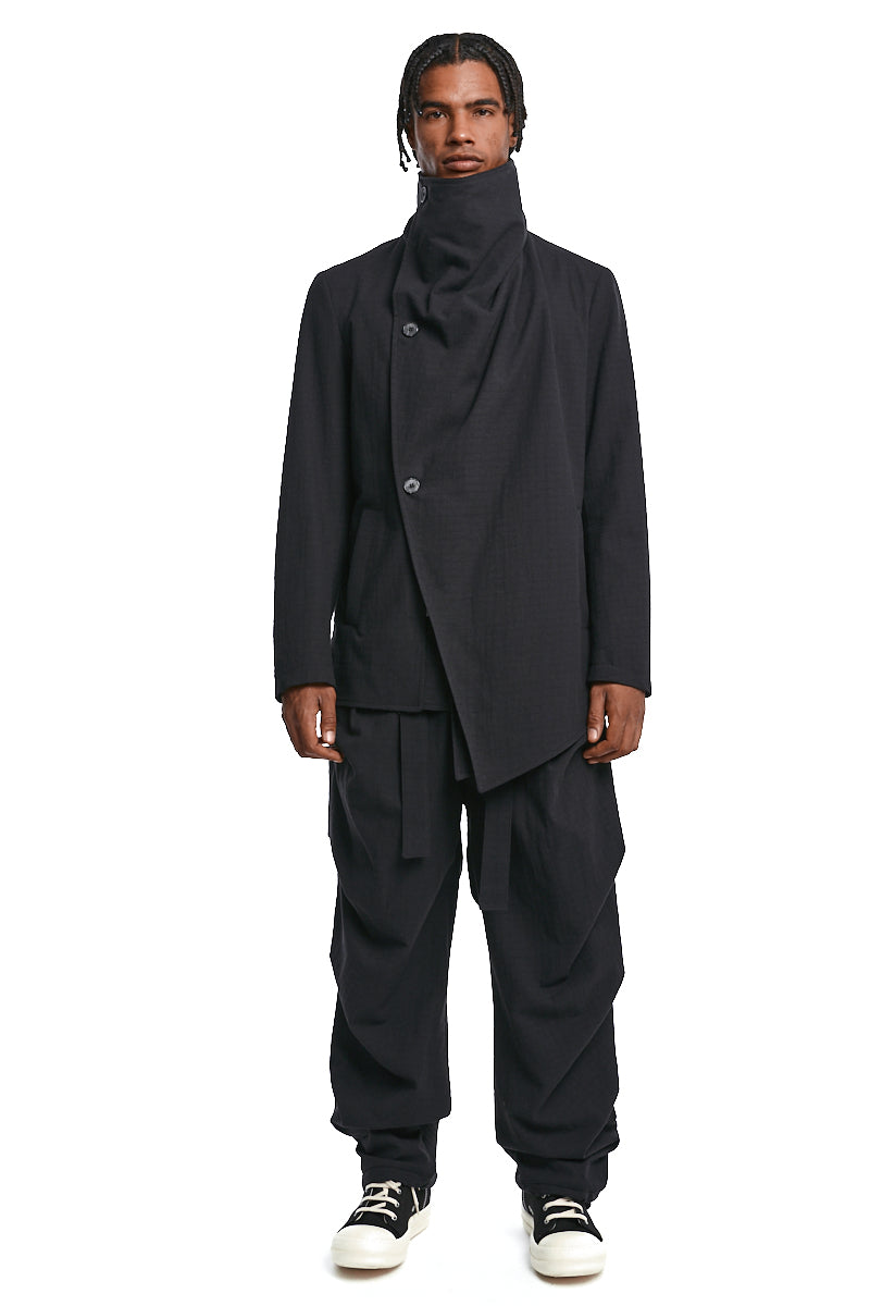 BLACK ASYMMETRIC TEXTURED COTTON JACKET
