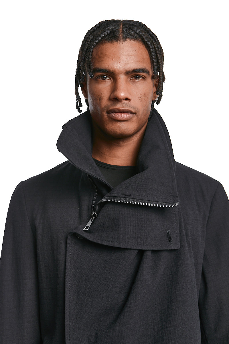 BLACK ASYMMETRIC TEXTURED COTTON JACKET