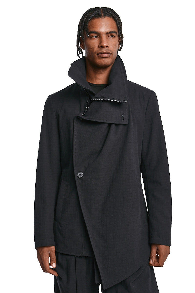 BLACK ASYMMETRIC TEXTURED COTTON JACKET