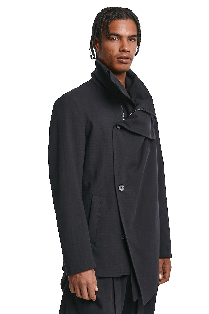 BLACK ASYMMETRIC TEXTURED COTTON JACKET