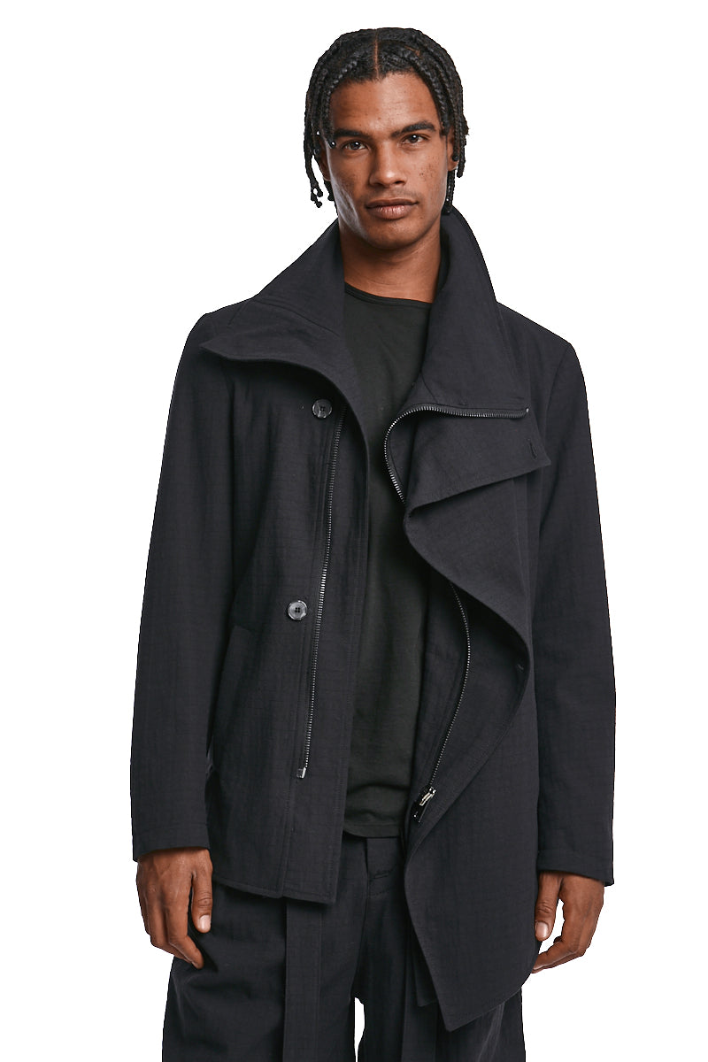 BLACK ASYMMETRIC TEXTURED COTTON JACKET