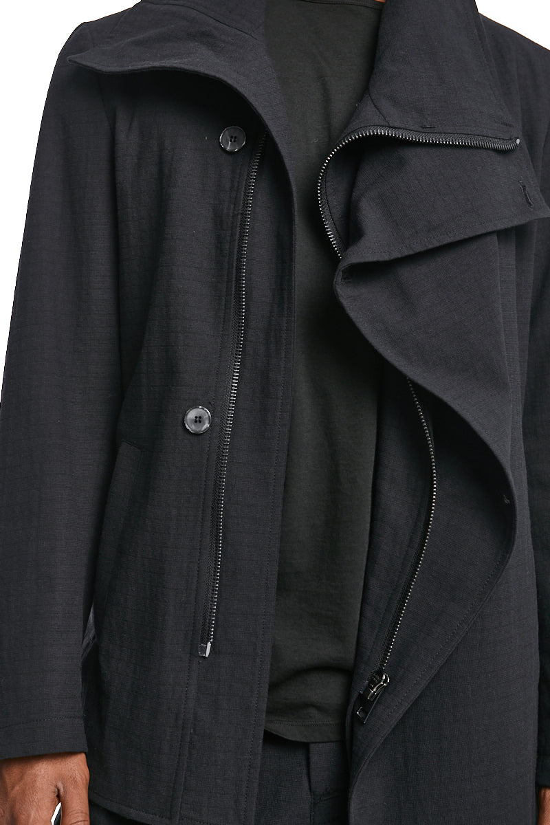 BLACK ASYMMETRIC TEXTURED COTTON JACKET