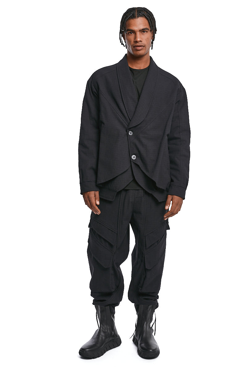 BLACK TEXTURED COTTON PADDED JACKET
