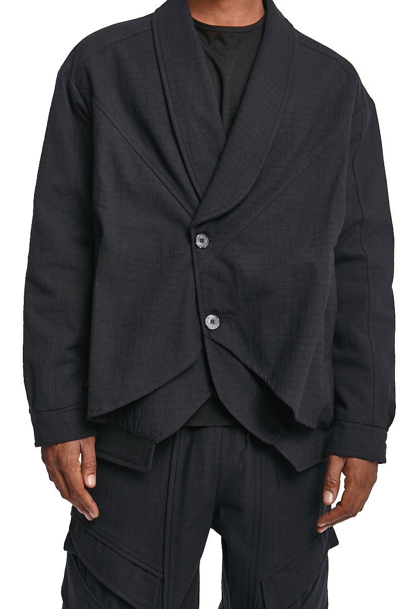 BLACK TEXTURED COTTON PADDED JACKET