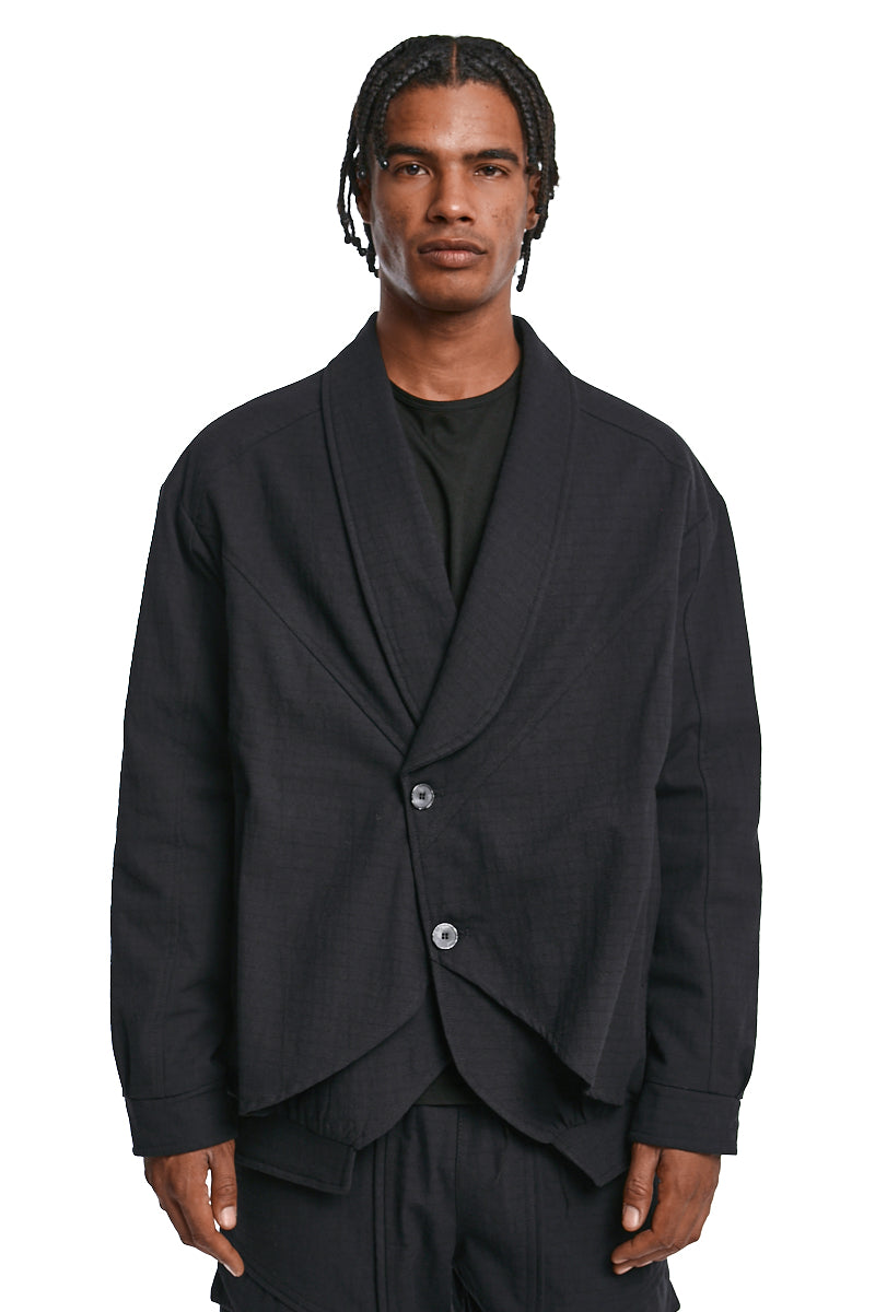 BLACK TEXTURED COTTON PADDED JACKET