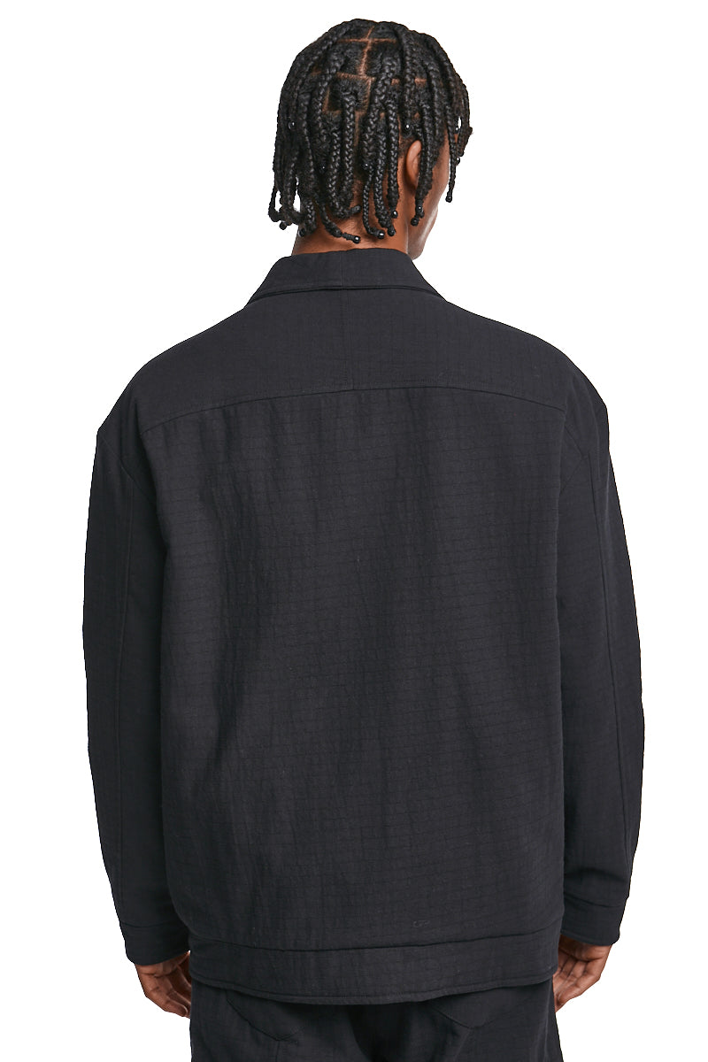 BLACK TEXTURED COTTON PADDED JACKET
