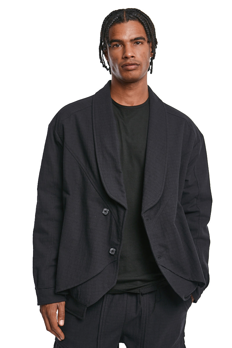 BLACK TEXTURED COTTON PADDED JACKET