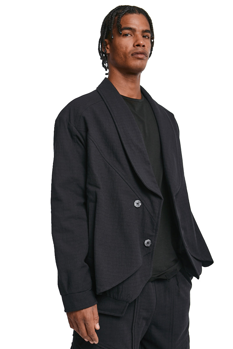 BLACK TEXTURED COTTON PADDED JACKET