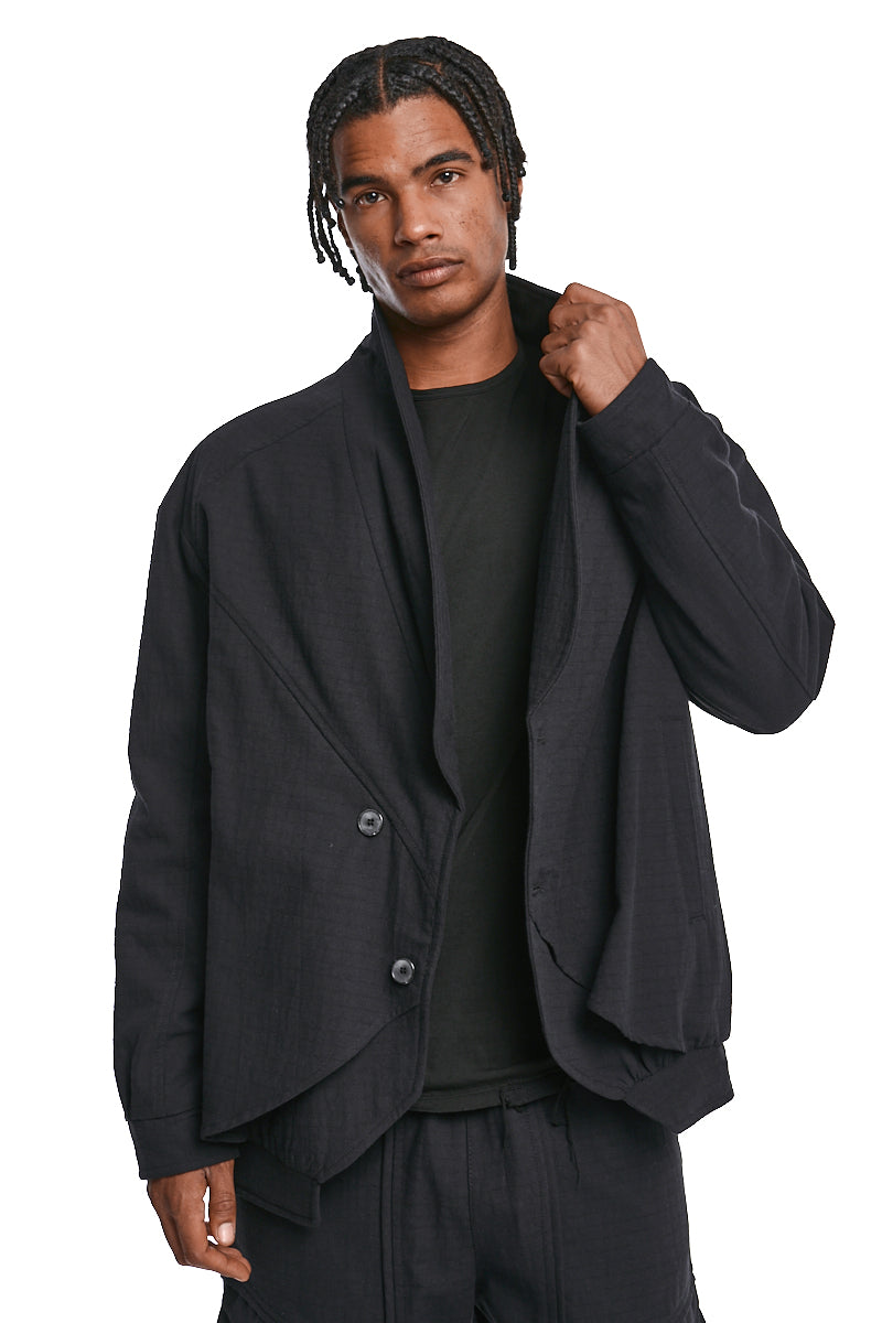 BLACK TEXTURED COTTON PADDED JACKET