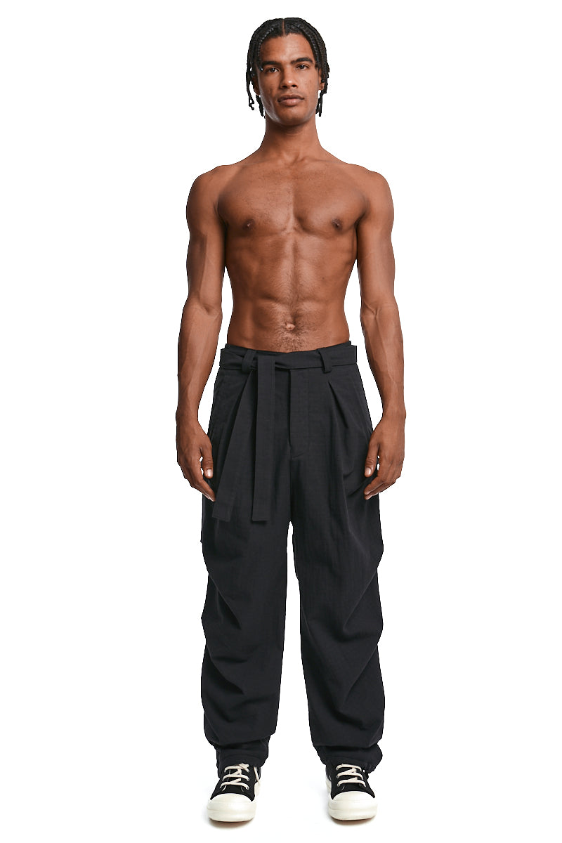 BLACK TEXTURED COTTON TROUSERS