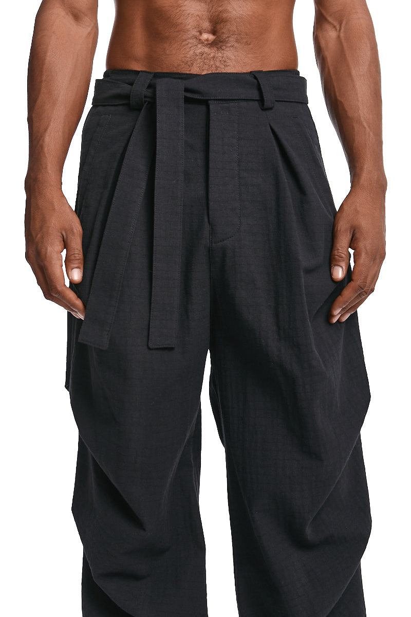 BLACK TEXTURED COTTON TROUSERS